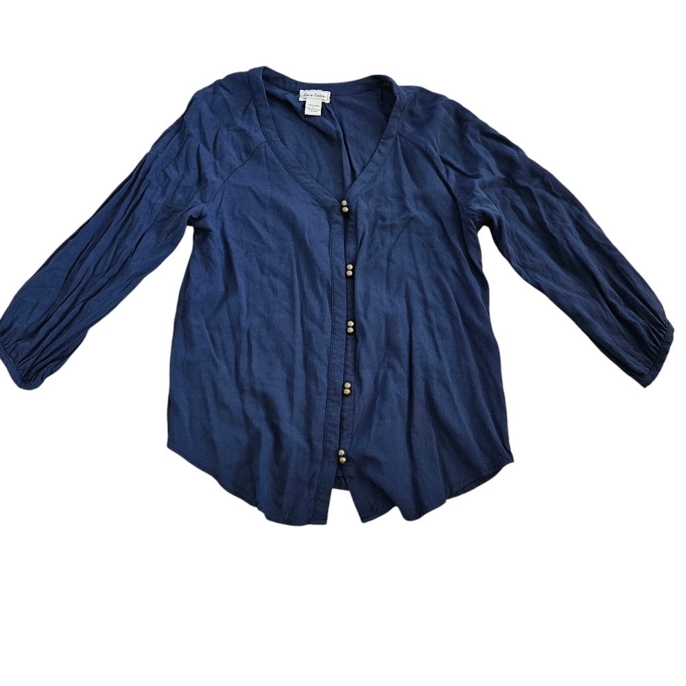 Love Notes navy blue double button up long sleeve tunic, L. EUC.